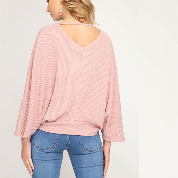 Batwing V-Neck Sweater Top in Rose - Picture 4 of 5